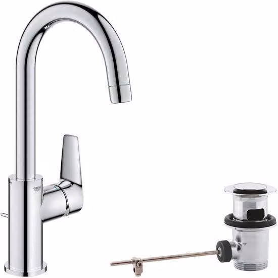 Ibenzoa® Miscelatore per lavabo a risparmio idrico, altezza 31 cm, cromo, con bocchetta girevole, scarico a tappo a tiro, installazione QuickFix, include miscelatore per doccia monocomando e barra doccia (2 getti)