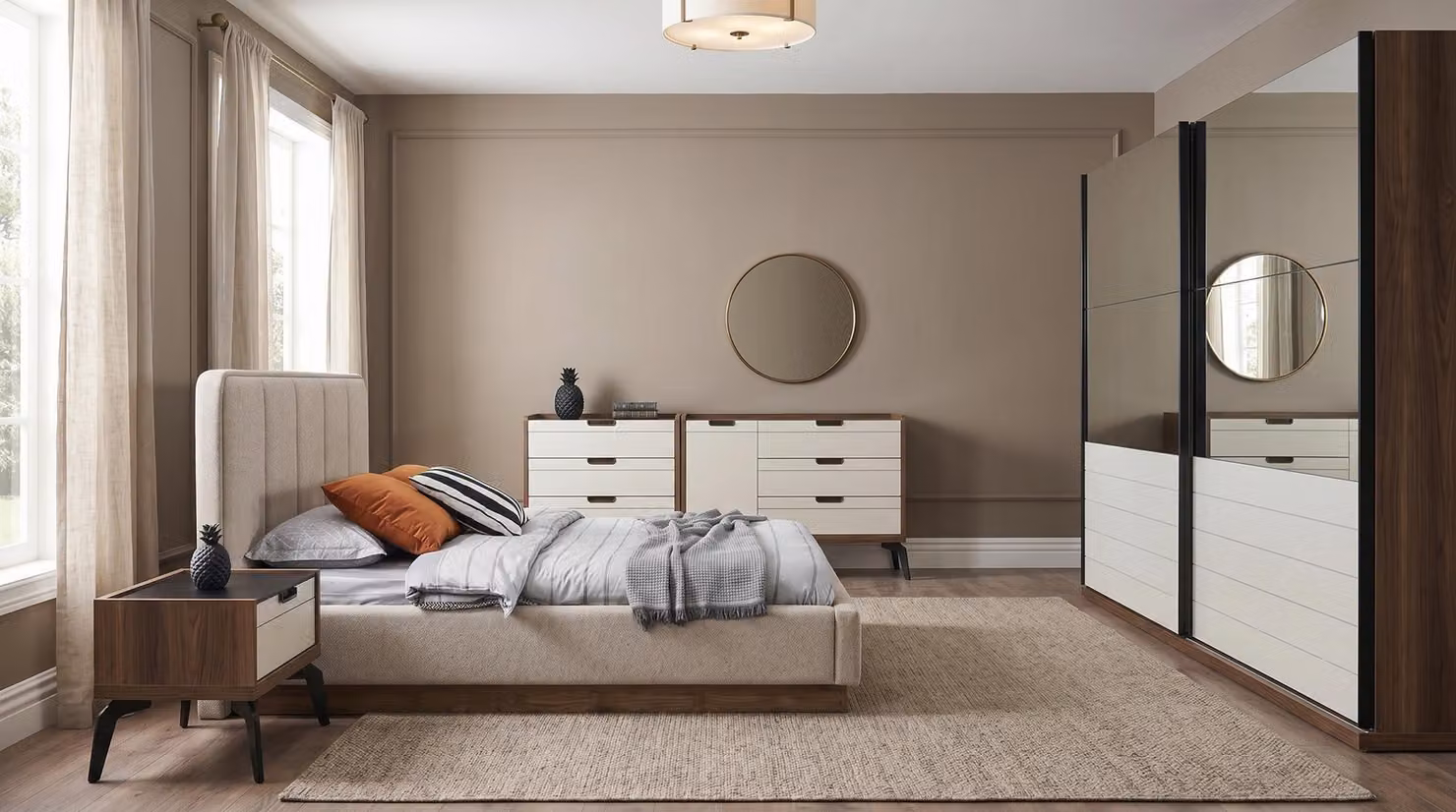 Set per camera da letto moderno: letto matrimoniale, due comodini, comò con specchio
