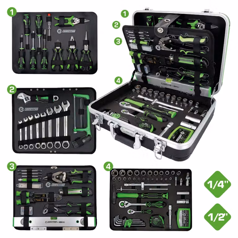 Set di utensili universali COMPETITION 1/4"+1/2", 145 pz