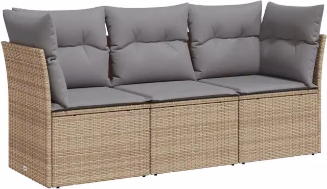 Set Divano da Giardino 3 pz | Set Salotto da Giardino con Cuscini Beige in Polyrattan