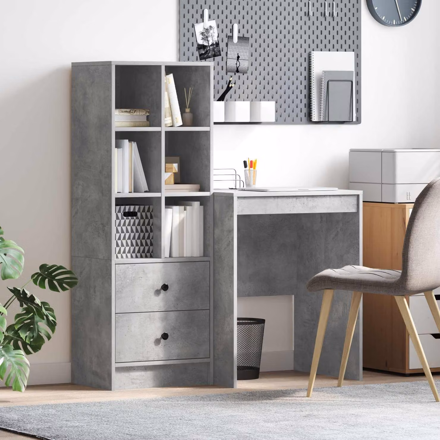 Set di 2 Scrivanie moderne vidaXL con scaffale in MDF laminato, Grigio cemento, L: 105,5 cm, P: 50 cm, H: 127 cm