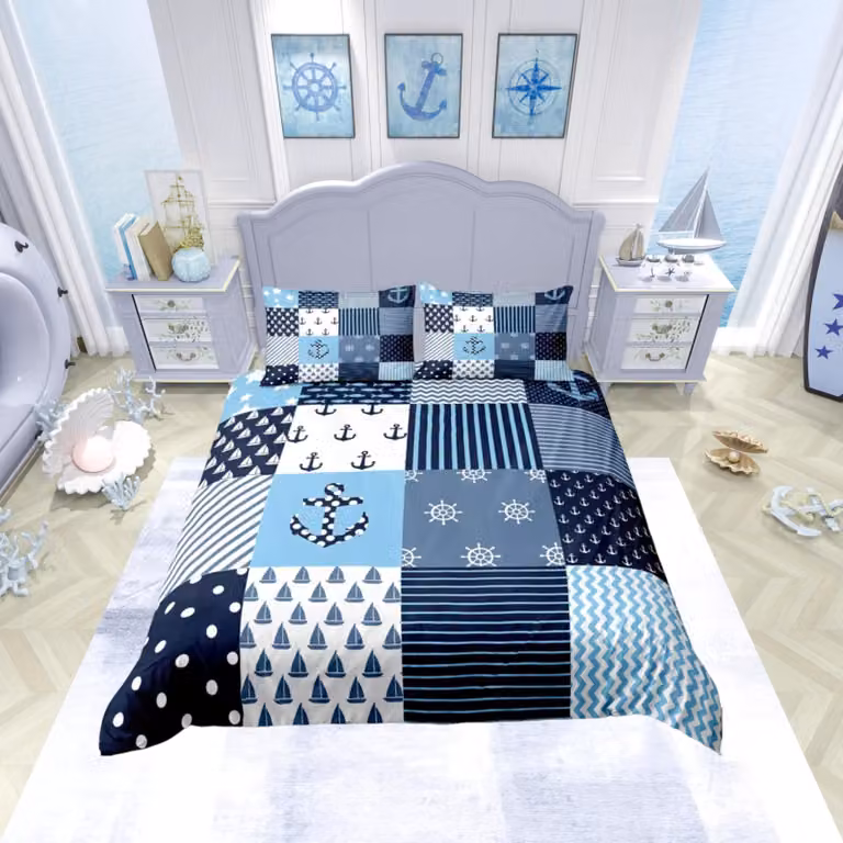 Elzusha - Set di lenzuola per letto singolo a tema nautico - Motivo: ancora, bussola, nave a vela