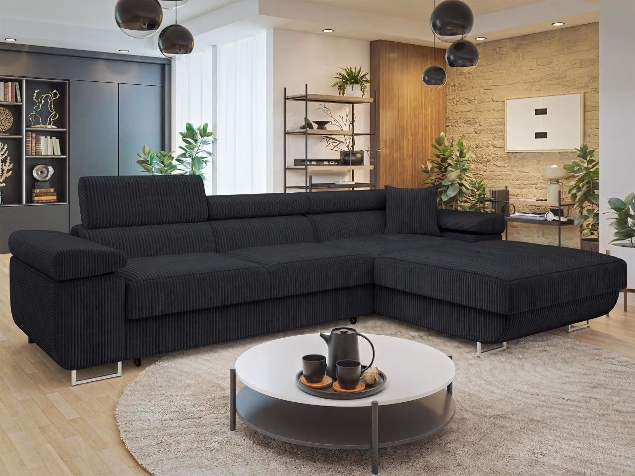 MIRJAN24 Divano angolare Torezio Mini Cord, elegante divano angolare con contenitore e funzione letto, poggiatesta regolabili, 280x170x70-90 cm (colore: Poso 135, lato: destro)