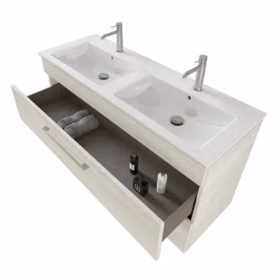 Mobile bagno sospeso moderno bianco e legno con specchio LED e chiusura soft close L: 118 cm, P: 42 cm, H: 62.9 cm – 2