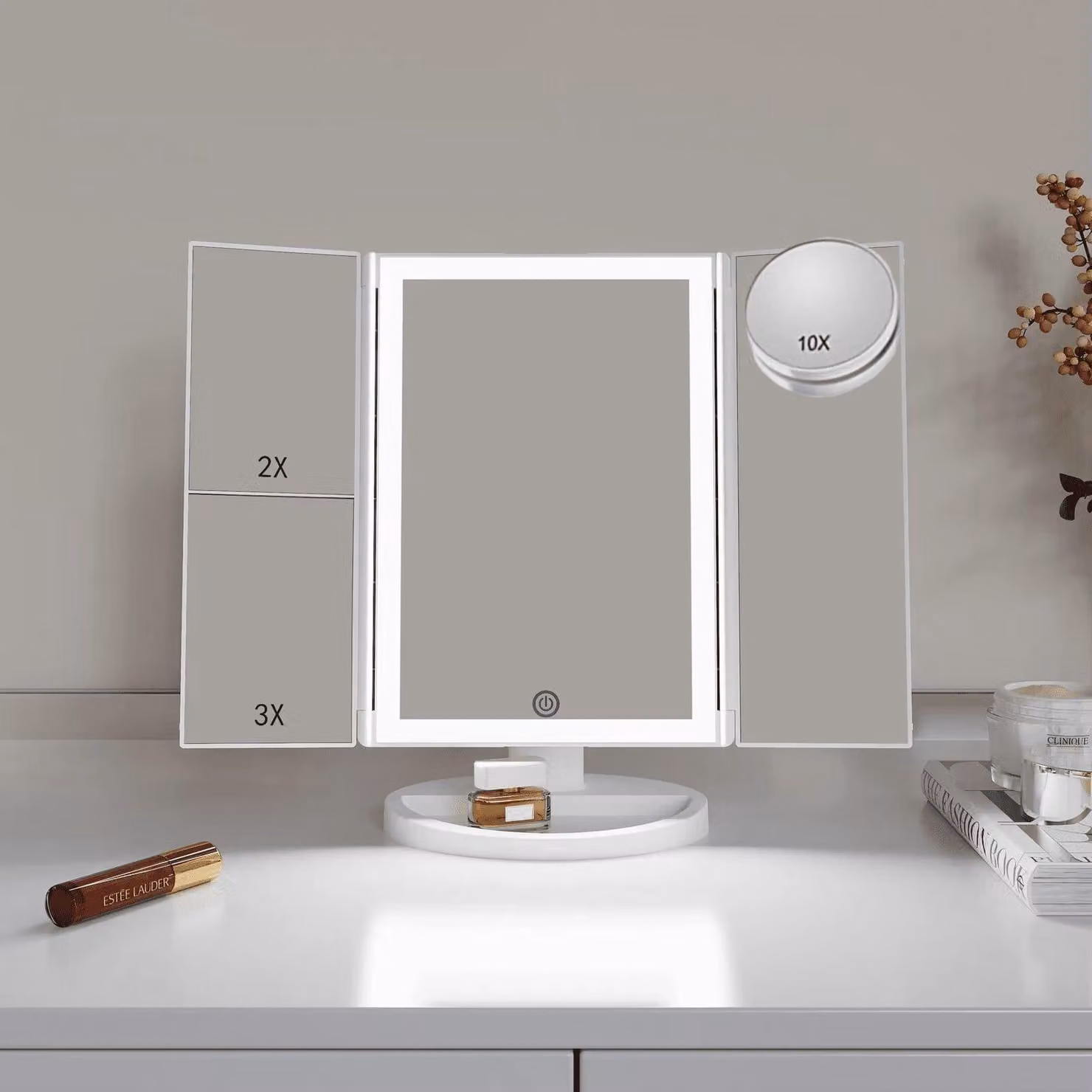 Specchio cosmetico LED Lukana con ingrandimento 10x, colore bianco