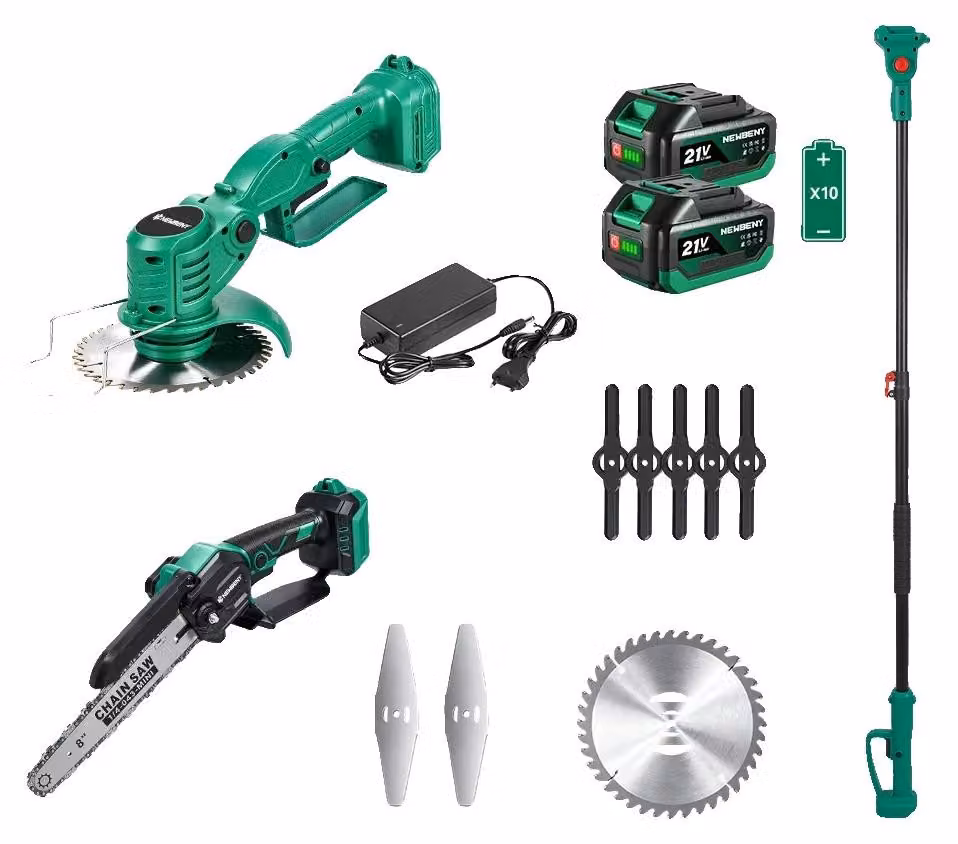 Set di attrezzi da giardino, motore brushless, lunghezza regolabile, 2 batterie