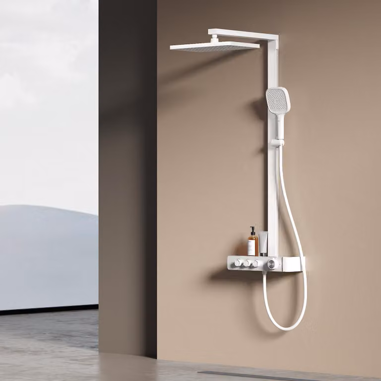 Sistema doccia EMKE con termostato Colonna doccia bianca con doccia a pioggia quadrata 360×240 mm, bocca di erogazione, regolatore di flusso e mensola in vetro F27