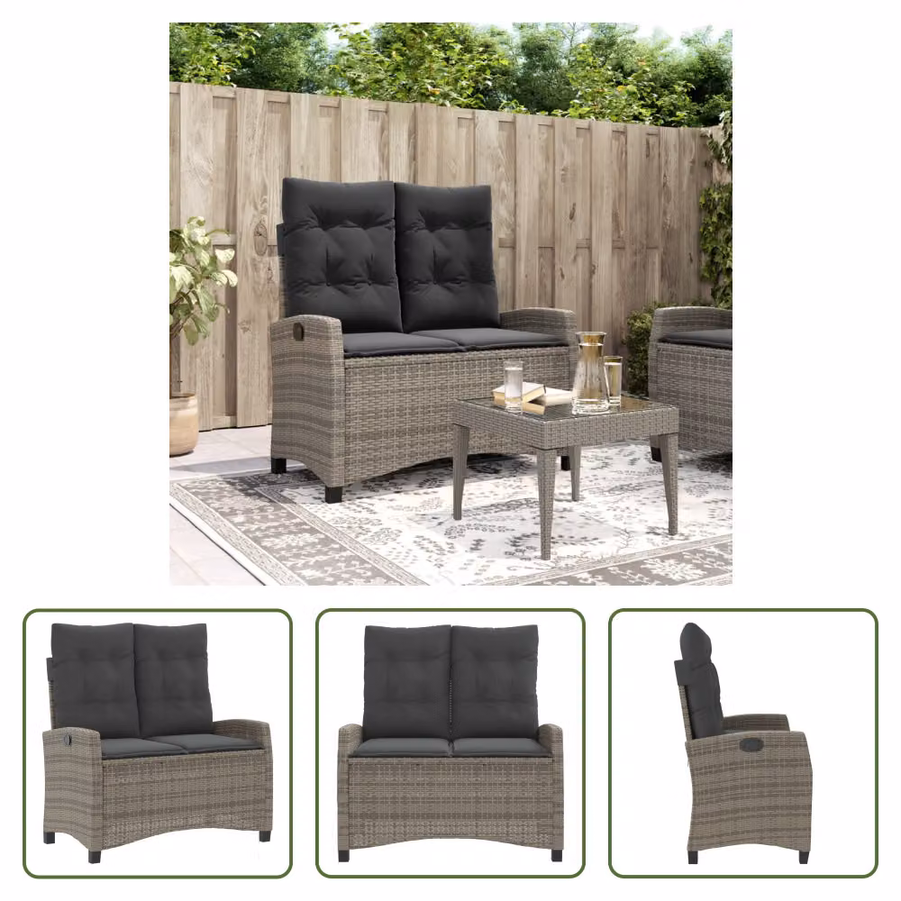The Living Store Panca da giardino regolabile con cuscini in Poly Rattan grigio