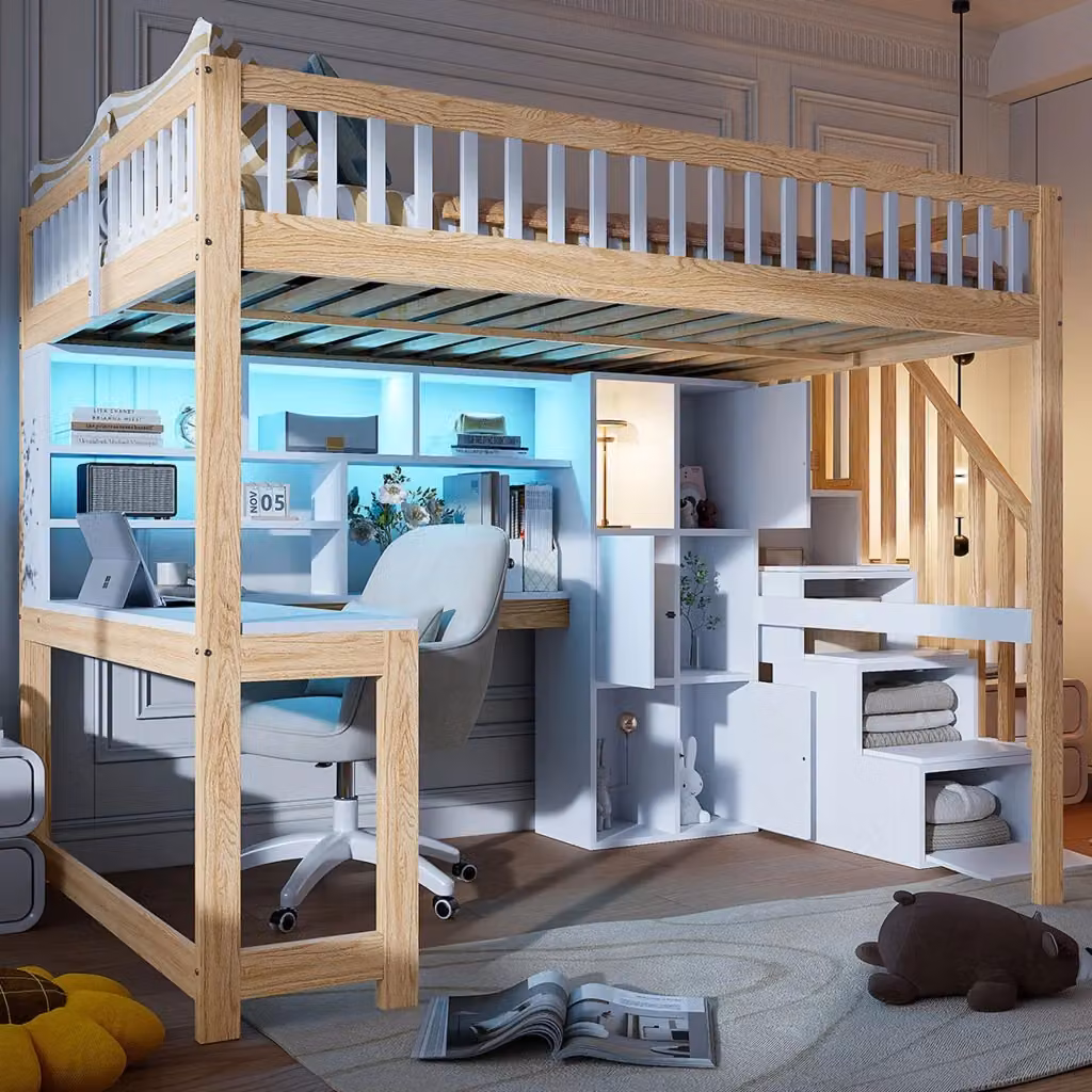 Letto a castello CIPACHO in pino bianco e naturale con scala portaoggetti e luci LED L/P/H: 200 x 140 x 165 cm – 2