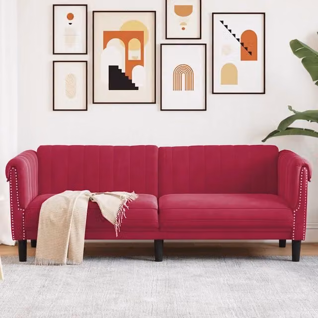 Divano a 3 Posti-Sofa 3 Posti Rosso Vino in Velluto