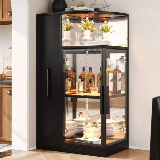 Vetrina in vetro con LED; armadio laterale estraibile e vetro temperato; 64×42×112 cm; nera