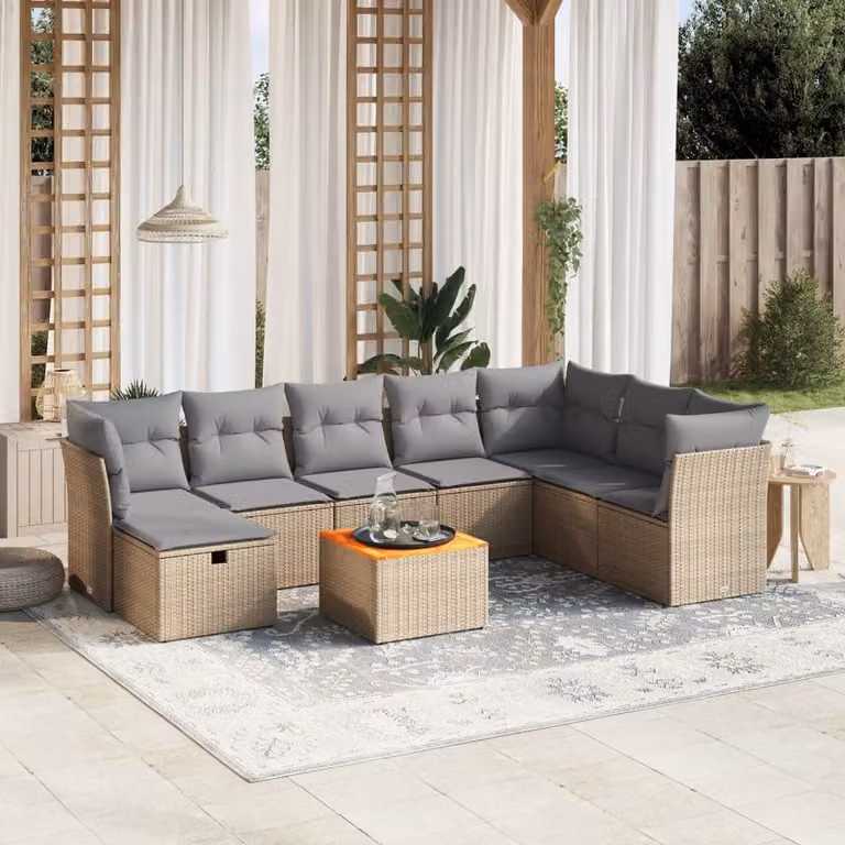 vidaXL Set Divano da Giardino 9 pz a L con Cuscini Beige e Grigio in Polyrattan e Acciaio
