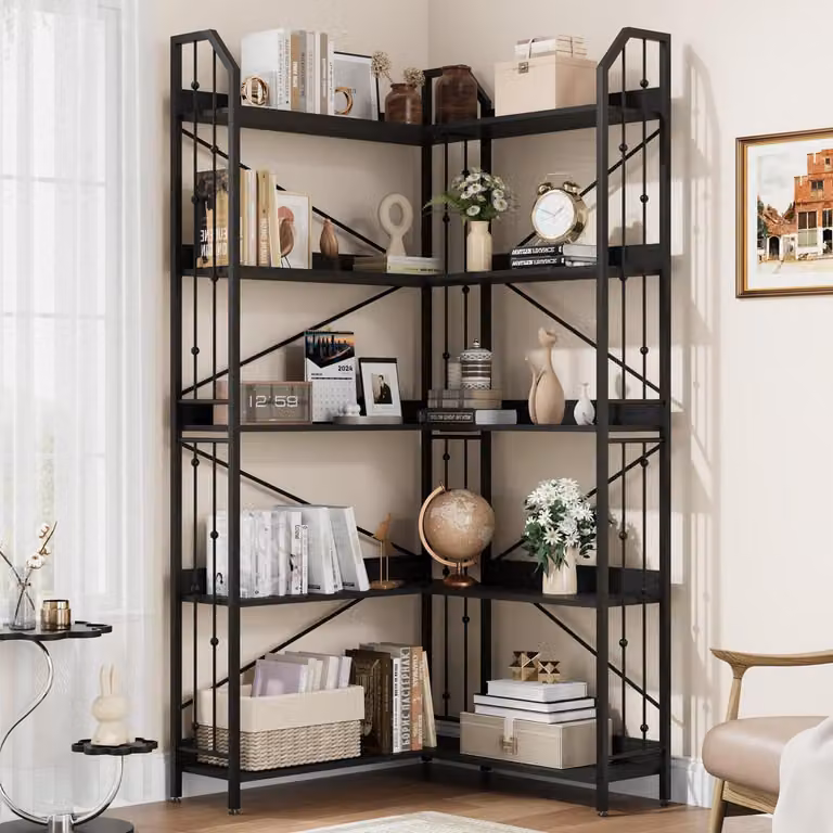 Libreria a 5 ripiani, scaffale angolare, 183 cm, legno e metallo, colore nero