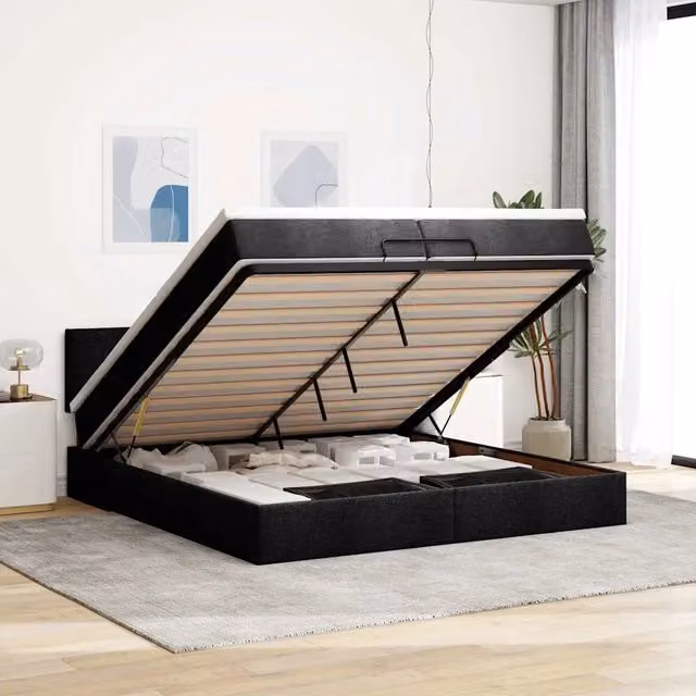 Letto moderno vidaXL con contenitore a sollevamento, illuminazione sottostante e porte USB, colore nero e bianco, L/P/H: 200 x 200 x 280 cm – 1