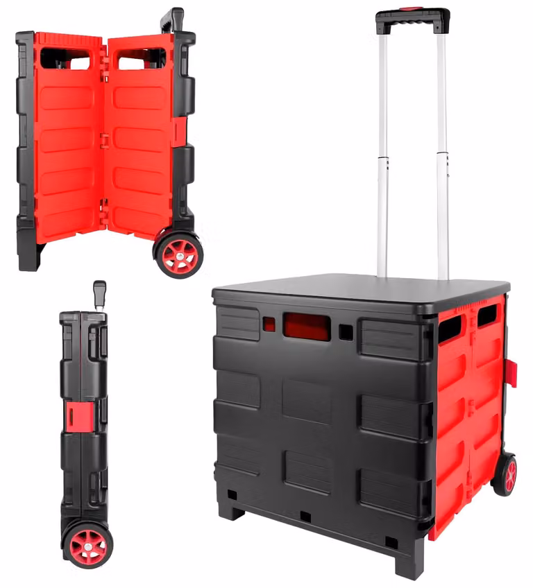 Carrello pieghevole con cesto – Carrello di trasporto – Grande capacità: 35 litri – Ruote girevoli a 360° – Maniglia regolabile – Robusta costruzione – Dimensioni aperto: 42,5 × 37 × 45–98 cm
