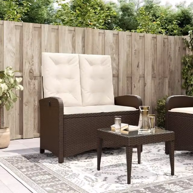 Panca da giardino reclinabile vidaXL in rattan e metallo con cuscini marrone e bianco
