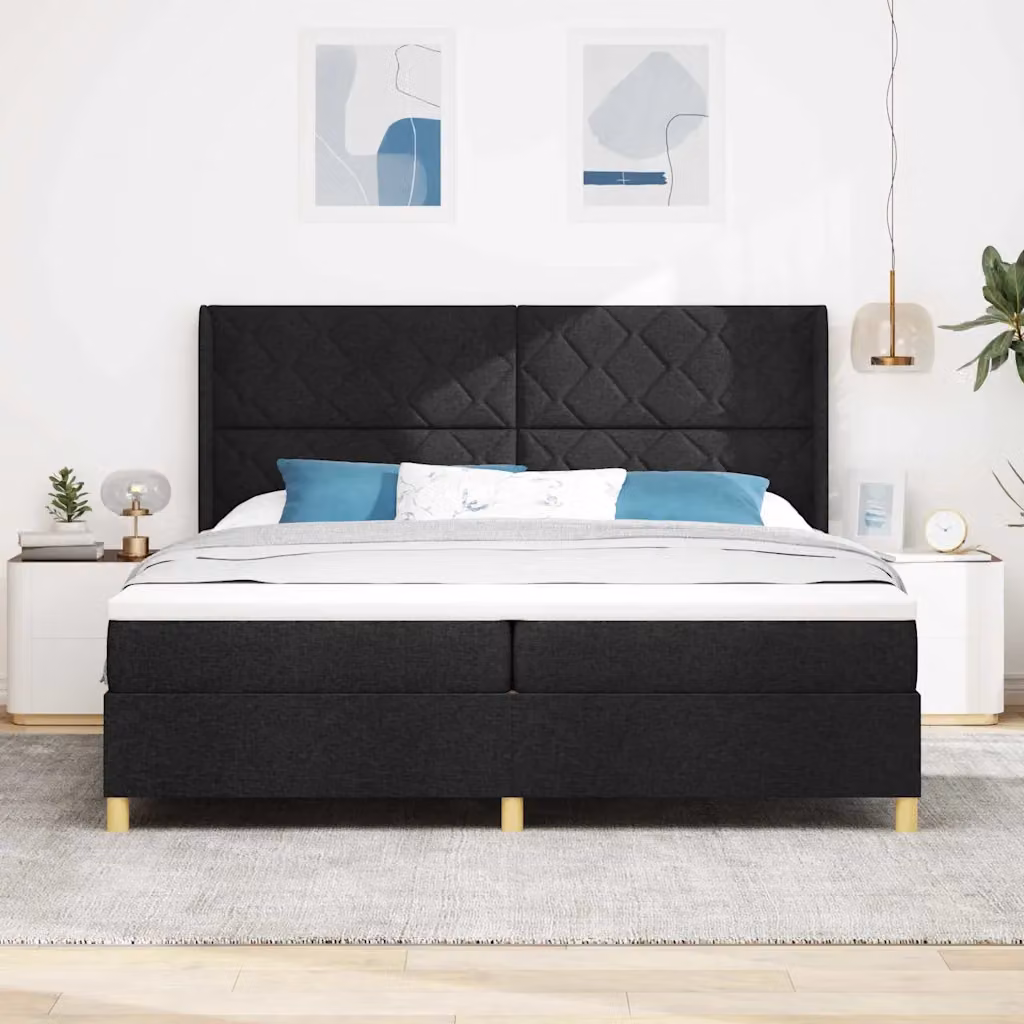 Letto a molle con testiera vidaXL in tessuto nero e dettagli oro, L/P/H: 200 x 200 x 128 cm