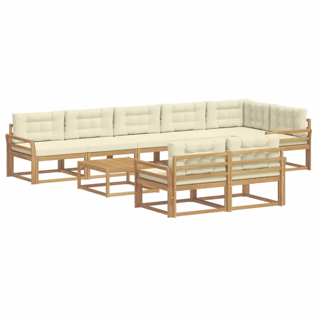 Set di divani da esterno a forma di U vidaXL in legno di acacia con cuscini e tavolino, Bianco e Beige – 2
