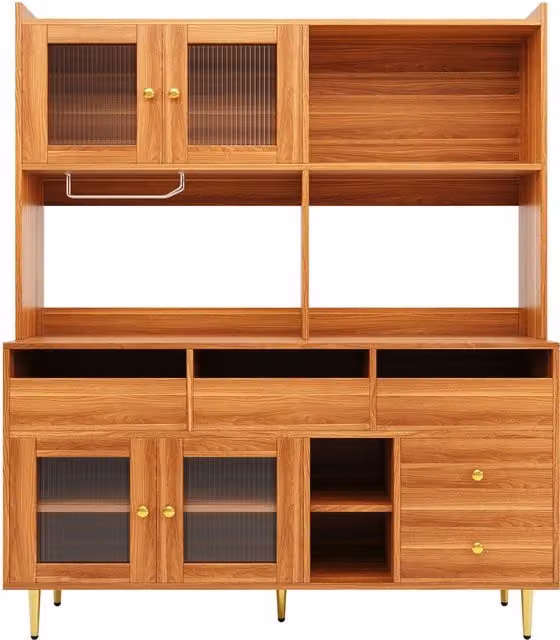 Mobile alto moderno per sala da pranzo e cucina con ante in vetro, portabottiglie e portabicchieri, L/P/H: 145 x 39 x 171 cm, Colore noce