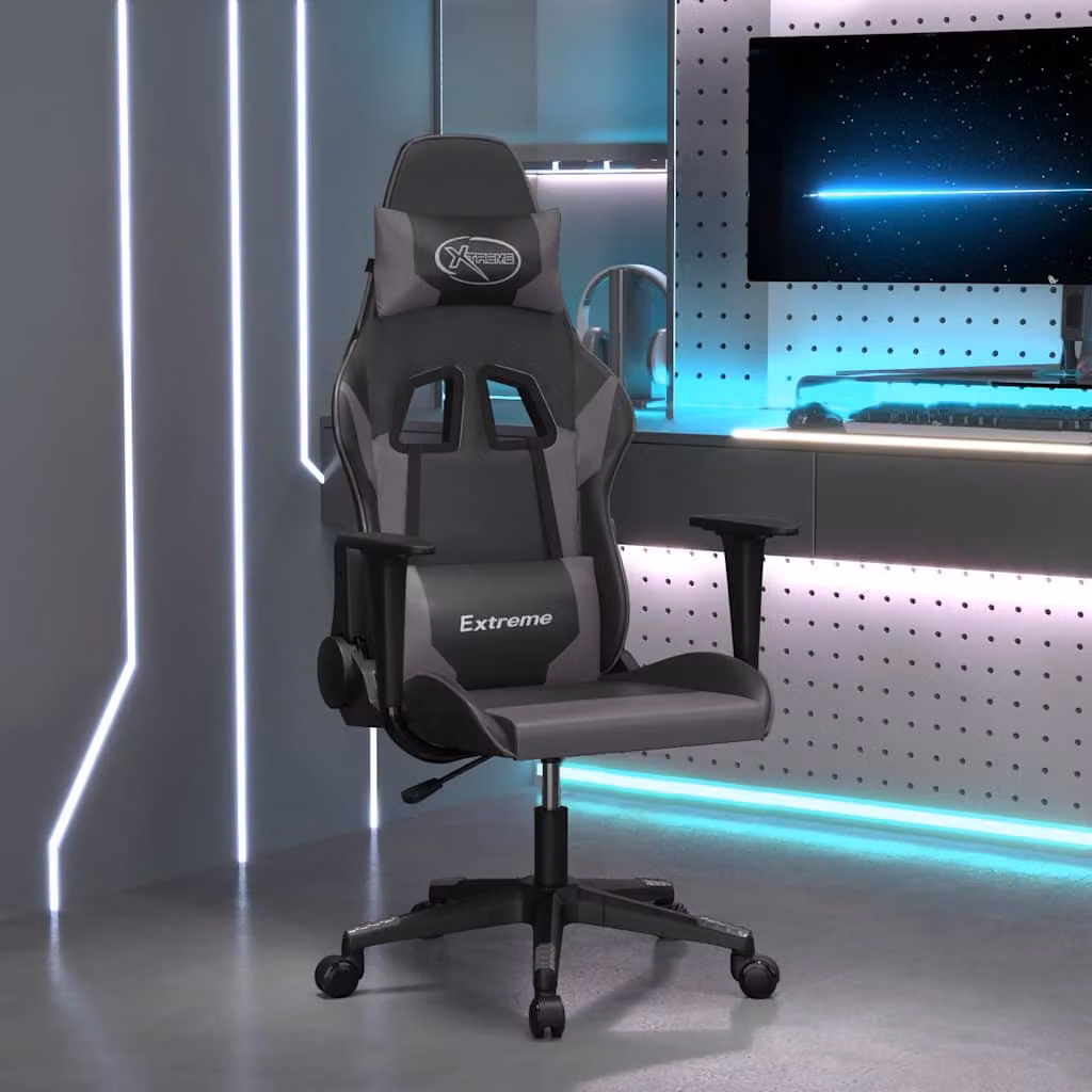 Sedia da Gaming vidaXL Nera e Grigia in Similpelle con Poggiatesta e Ruote