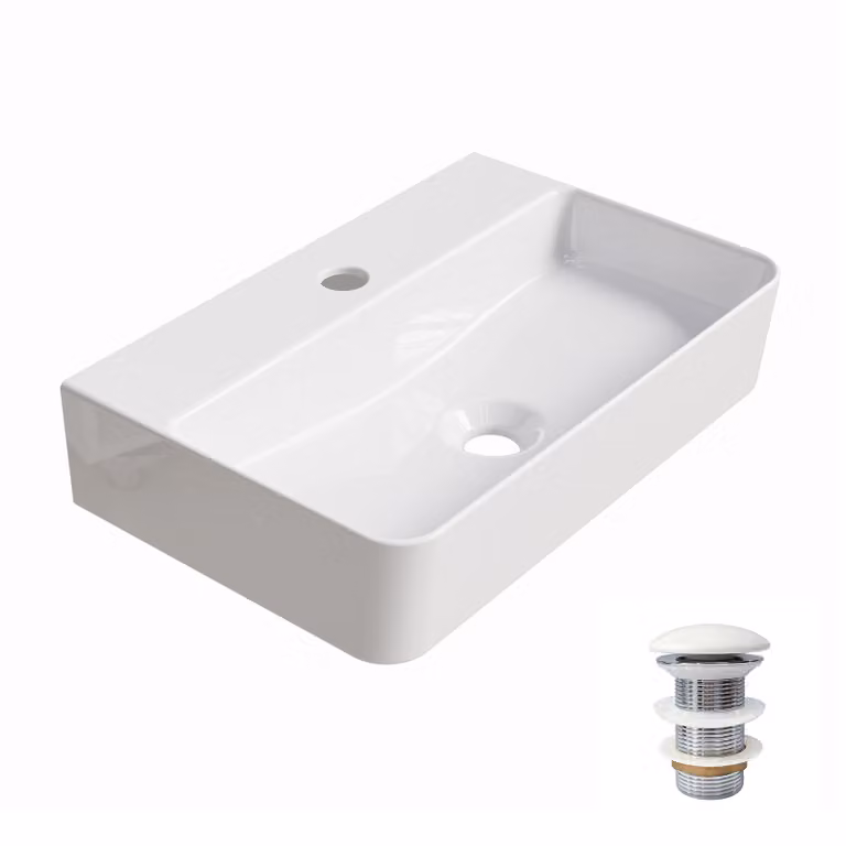 Lavabo HOROW, 46 x 31 cm, con scarico a tappo pop-up in Vetroceramica, lavabo da appoggio bianco, lavabo sospeso, lavabo a parete in Vetroceramica