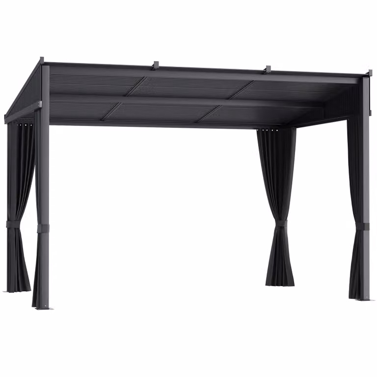 Pergola Outsunny, padiglione 3,65 x 2,55 m, copertura per patio con tetto scorrevole, padiglione da giardino con tende, per giardino, cortile, alluminio+metallo, grigio scuro