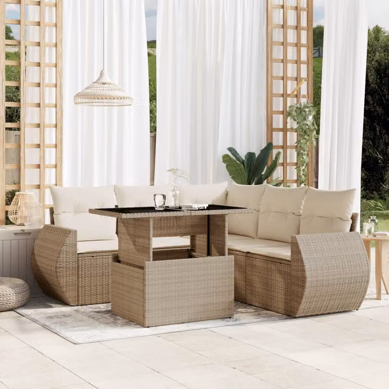 Set Divano da Giardino vidaXL 6 pz in Polyrattan Beige con Cuscini e Tavolino