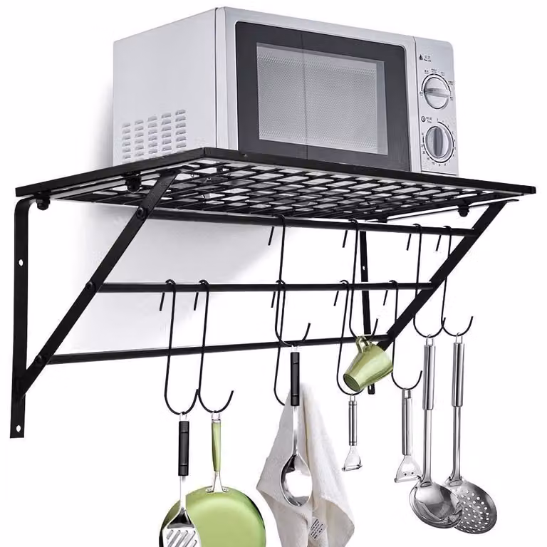 Porta pentole da appendere - Scaffale da cucina con 10 ganci removibili - Metallo nero - Acciaio inossidabile - Soluzione salvaspazio per la cucina - Struttura in ferro di alta qualità