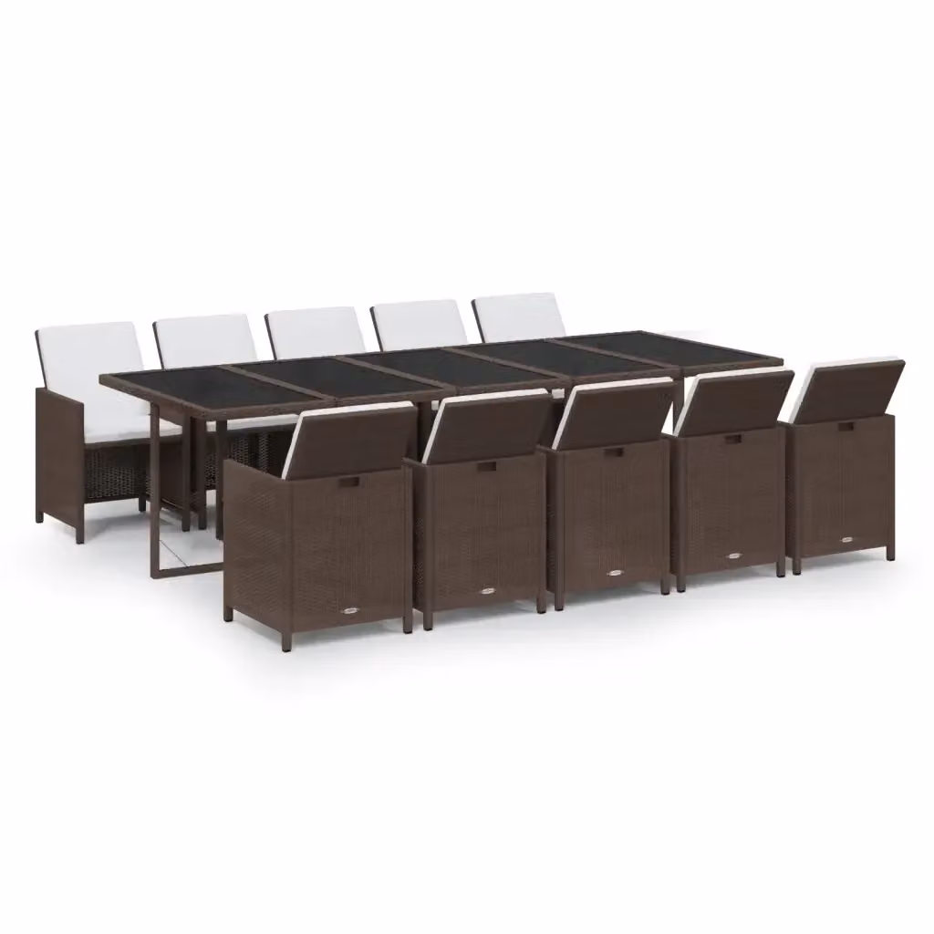 Set da pranzo da giardino moderno vidaXL in polyrattan marrone e bianco con tavolo in vetro, 11 pezzi – 2