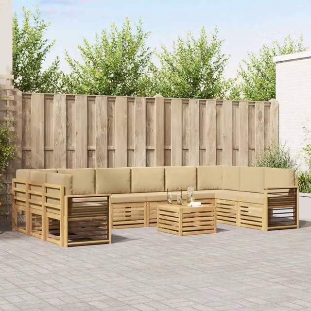 Set di divani da esterno vidaXL a forma di L composto da 11 pezzi con tavolino da caffè, in legno di acacia e tessuto bianco e beige