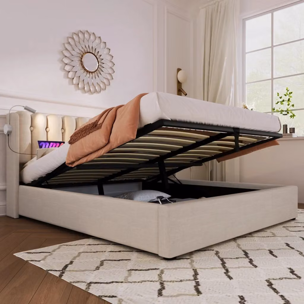 Letto contenitore matrimoniale OKWISH in lino beige con lampada da lettura e prese USB, L/P/H: 140 x 200 x 145 cm – 2