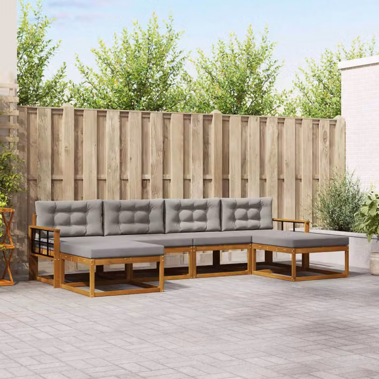 vidaXL Set di divani da esterno a L in legno di acacia con cuscini, 6 pezzi, Grigio