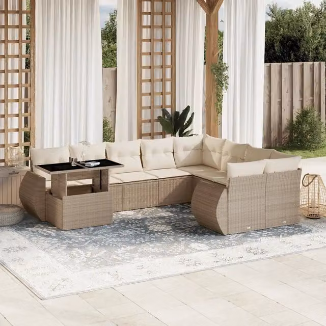 Set Divano da Giardino a L vidaXL 10 Pezzi con Cuscini Beige e Tavolino in Polyrattan e Metallo