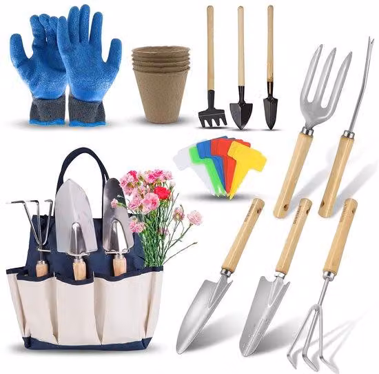 Set di 23 utensili da giardino Unyqoos® – set completo per il giardinaggio, completo di guanti resistenti e borsa per il trasporto, utensili ergonomici per uomo e donna