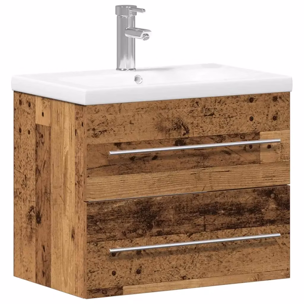 Set di 2 armadi da bagno sospesi vidaXL in legno effetto marrone con dettagli argento e lavabo in ceramica, stile moderno – 2
