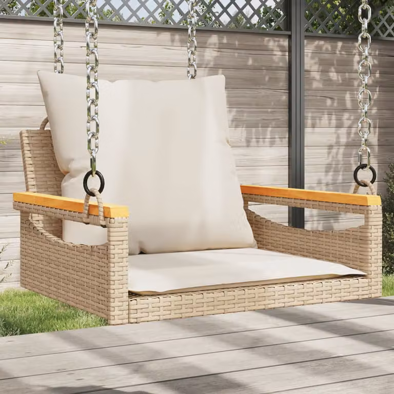 Panchina a dondolo vidaXL in rattan e legno di acacia oliato con cuscini beige, L 63 cm x P 62 cm x H 40 cm