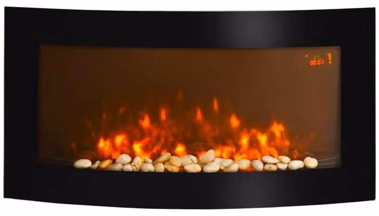 Camino elettrico da parete con fiamma LED e riscaldamento | Colore: nero | Dimensioni: 89,2 x 13,5 x 48 cm