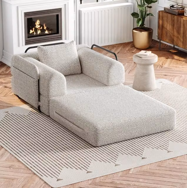 Poltrona letto 2 in 1 in ciniglia khaki con vano portaoggetti nel bracciolo