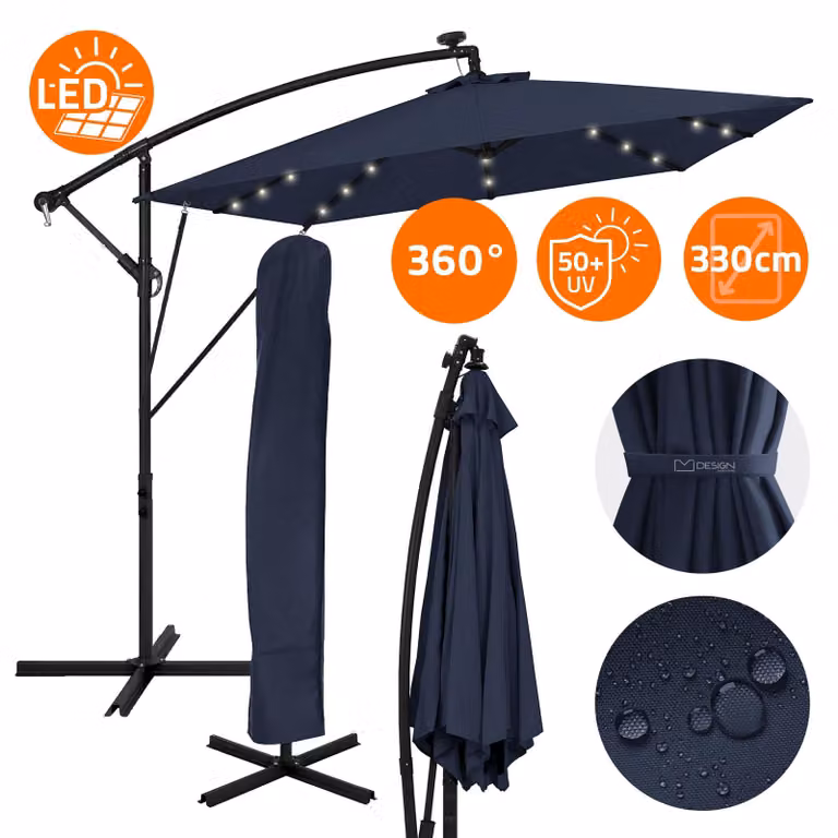 Ombrellone ML-Design Ø330cm con LED solare blu navy Ombrellone in alluminio con copertura e supporto a manovella Protezione solare e idrorepellente girevole e inclinabile
