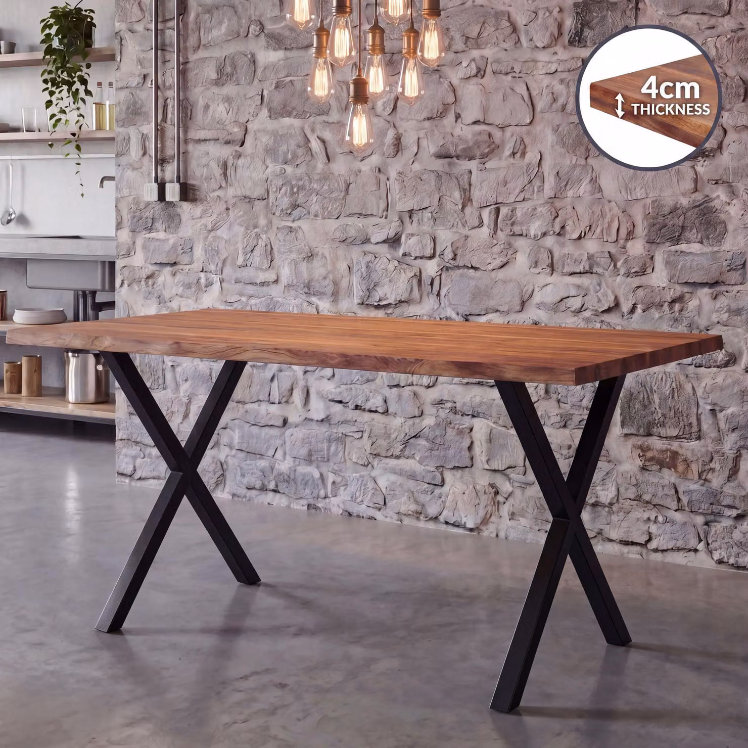 FineBuy Tavolo da pranzo 120 cm, rettangolare, in legno massello di acacia con bordo naturale, stile industriale. Tavolo da pranzo in legno massello, tavolo da cucina in legno massello con bordo naturale, struttura a X, colore nero