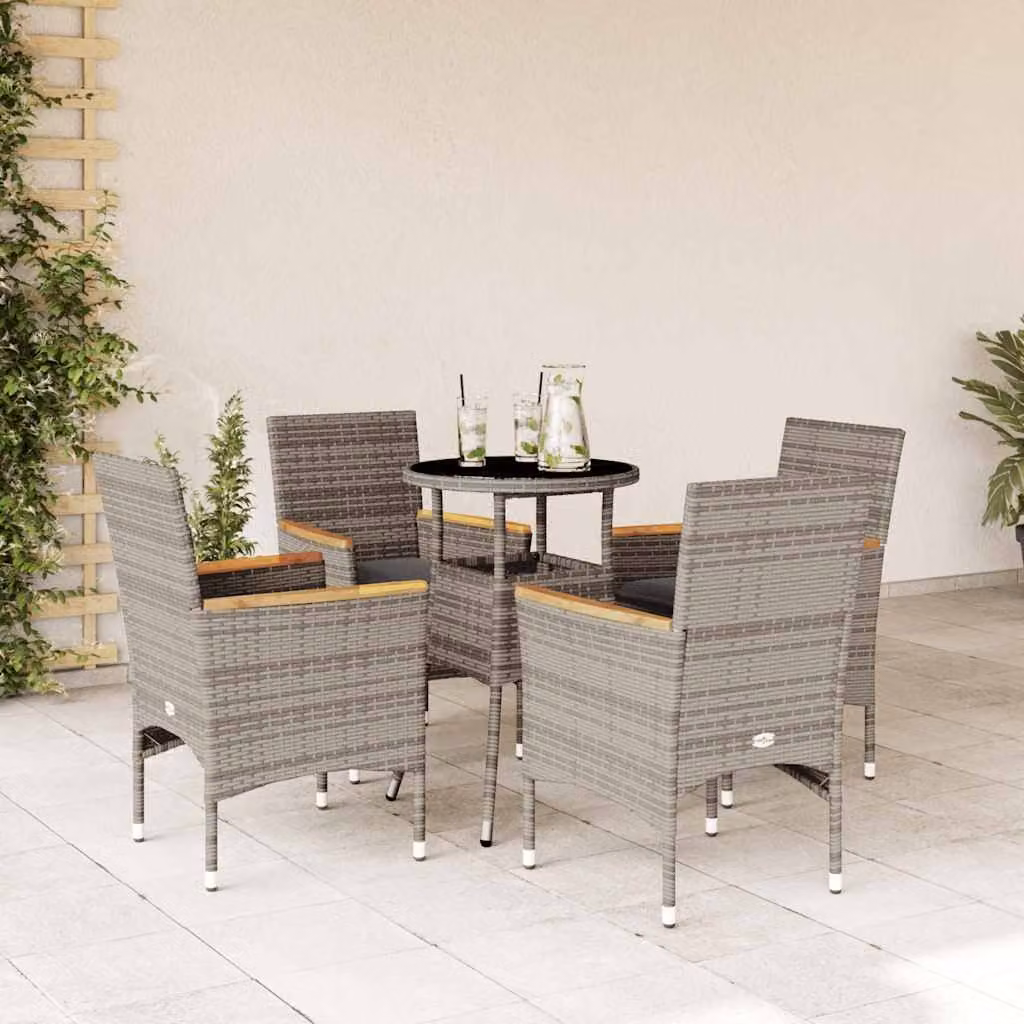 Set da Pranzo da Giardino vidaXL in Polyrattan e Legno di Acacia con Vetro e Cuscini, 5 Pezzi, Grigio – 1