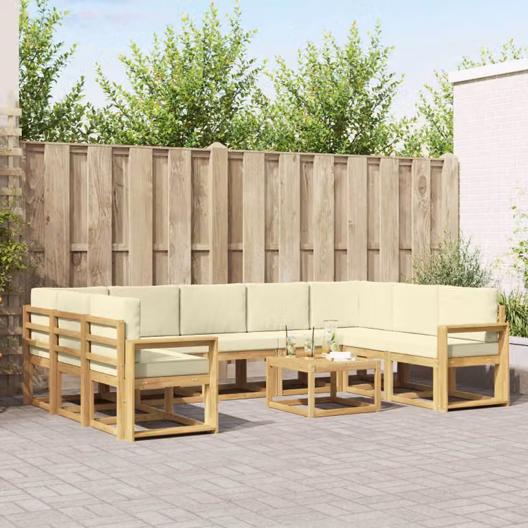 Set di divani da esterno vidaXL a forma di L composto da 10 pezzi in legno di acacia con cuscini in poliestere bianco e beige