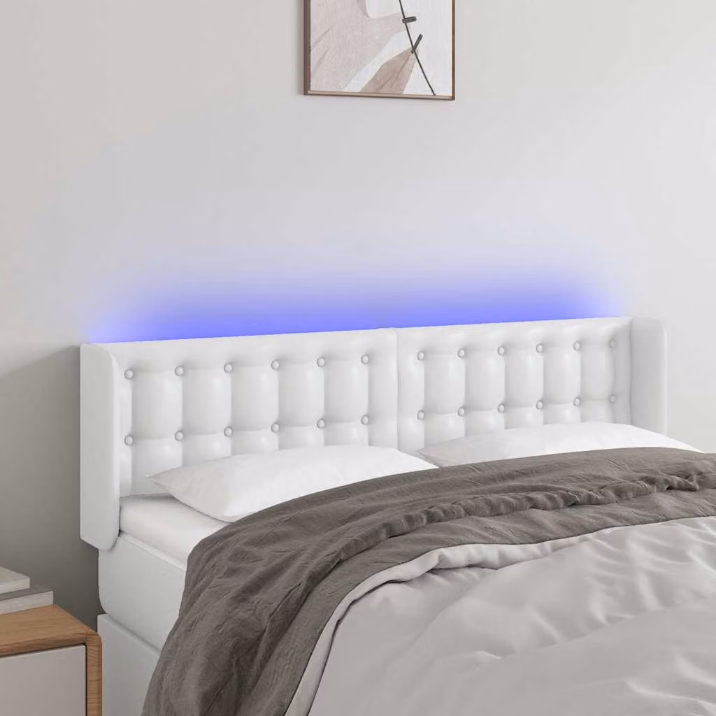 Testiera per letto vidaXL in similpelle bianca con illuminazione LED e porta di ricarica USB, L: 147 cm, P: 16 cm, H: 78/88 cm