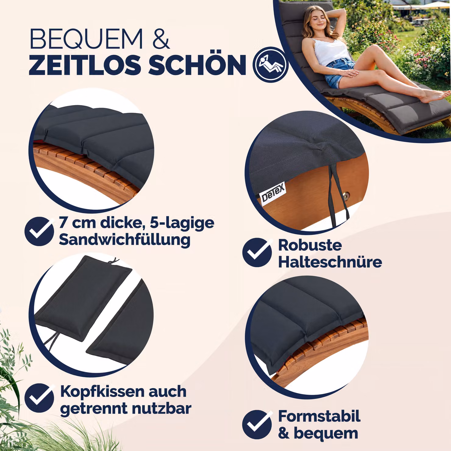 Cuscino per Sdraio Antracite in Poliestere Idrorepellente L/P/H: 183 x 56 x 7 cm – 2
