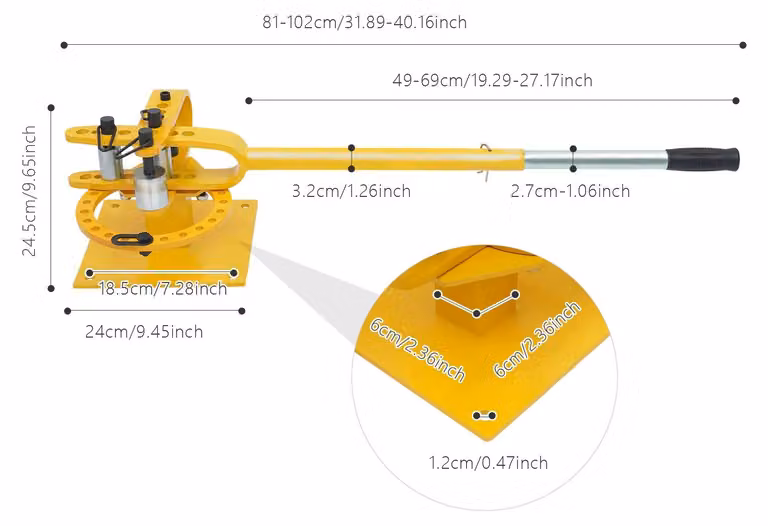 Piegatrice per tubi - Dispositivo manuale per piegare tubi - Acciaio pesante - Idraulica - Angolo di piegatura da 0° a 200° - Base con foro di 12 mm - Colore giallo