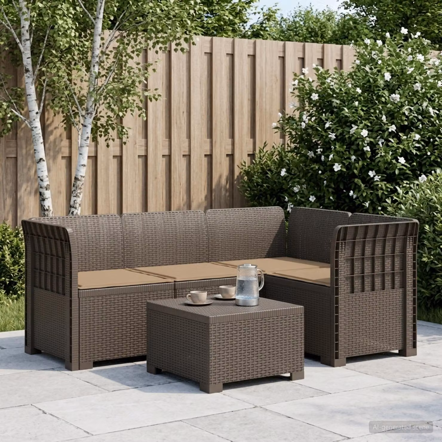Divano da giardino angolare a L vidaXL con cuscini, design moderno in aspetto rattan resistente ai raggi UV, disponibile in grigio, beige o marrone