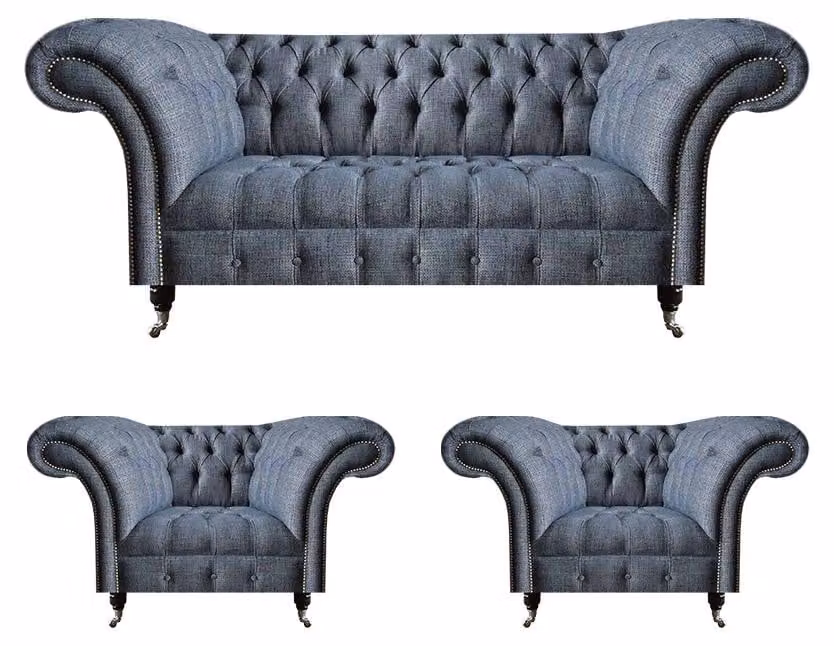 Chesterfield Garnitur Graue Polster Sitzmöbel 2x Lehnsessel Dreisitzer