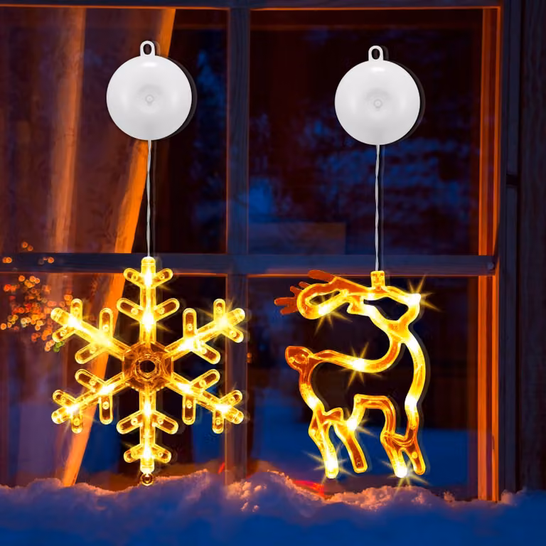 Luci natalizie per finestre, 2 pezzi, LED, luce bianco caldo, a forma di fiocco di neve e renna
