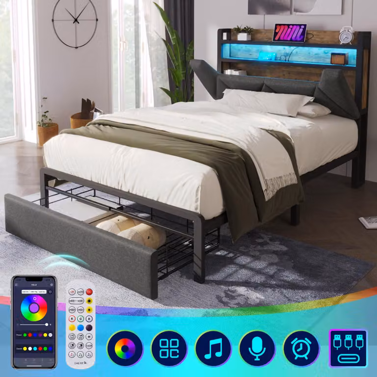 Letto imbottito 90x200, con porte USB/Type-C, testiera contenitore, illuminazione LED, cassetti, rete a doghe, senza materasso (grigio)