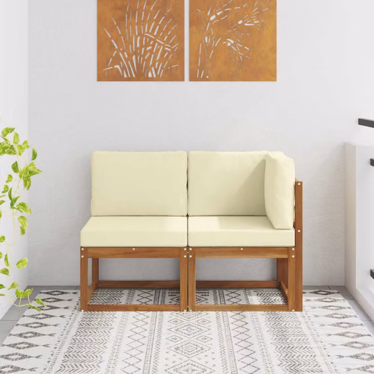 vidaXL Divano da esterno modulare e angolare a 2 pezzi in legno di acacia con cuscini, Beige, Bianco e Marrone